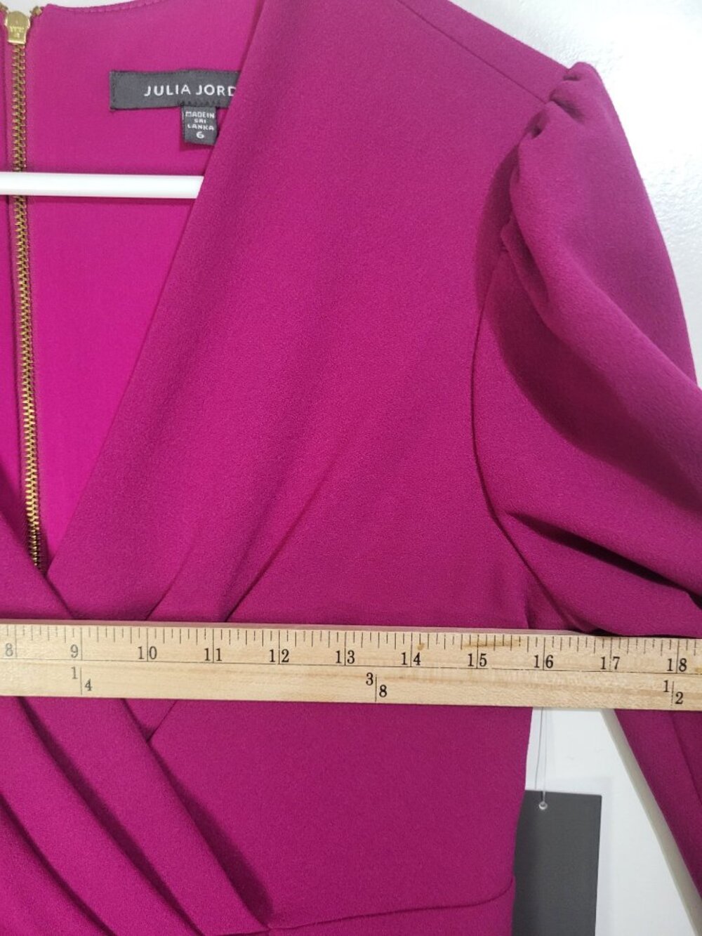 Julia Jordan SZ 6 Fuchsia V-Neck Sheath Dress 3/4 Sleeves Pleated Cascade Ruffle - Picture 6 of 8